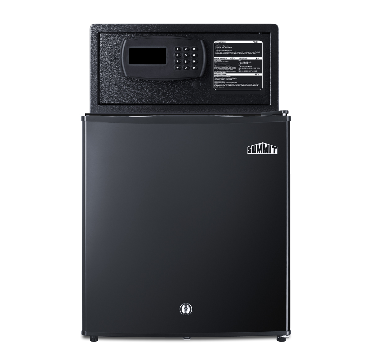 Compact minibar with front lock and black exterior with an in-room hotel safe in black with digital keypad lock